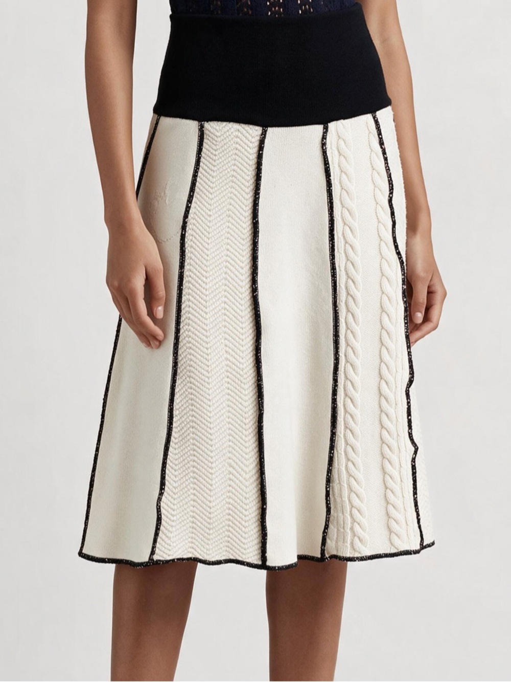 NWT Green 3 Mixed Pattern Panel Knit A-Line Sweater Skirt Ivory Cream Black M